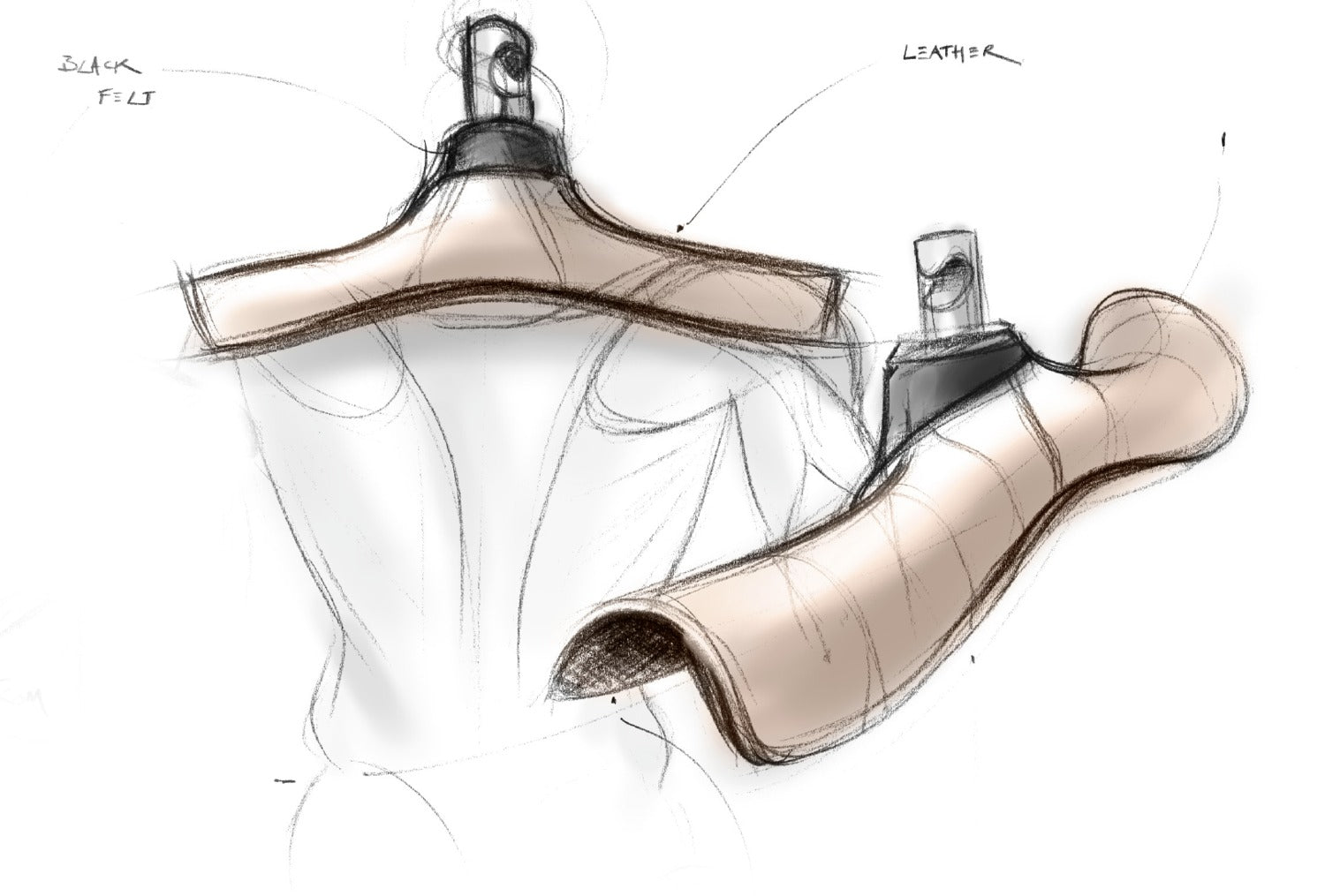 Sketches for a Lou Hansell hanger design that mimics the natural contours of shoulders with refined precision.