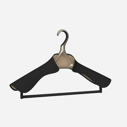 Image of Lou Hansell's H series luxury bridal hanger with a trouser bar in Yellow Gold and Matte Black.
