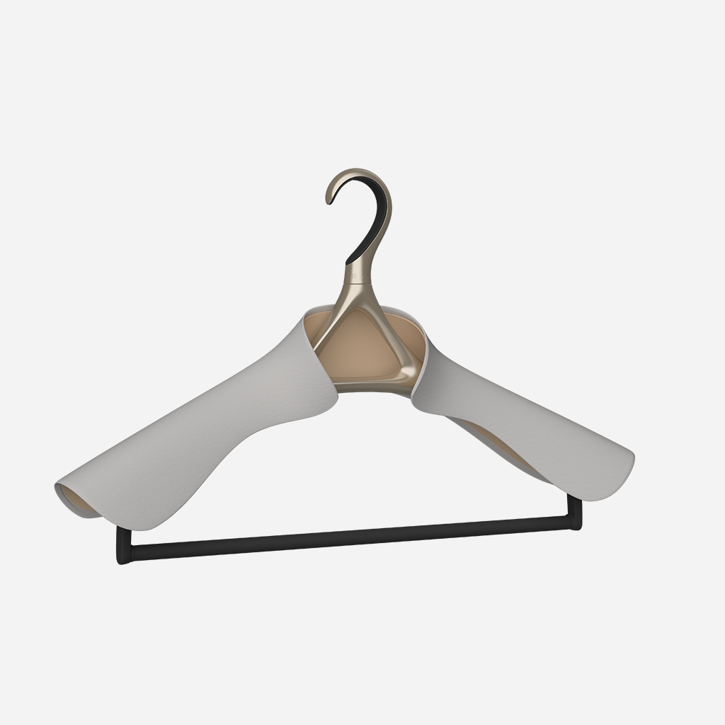 Image of Lou Hansell's H series luxury bridal hanger with trouser in Yellow Gold and Off-White.