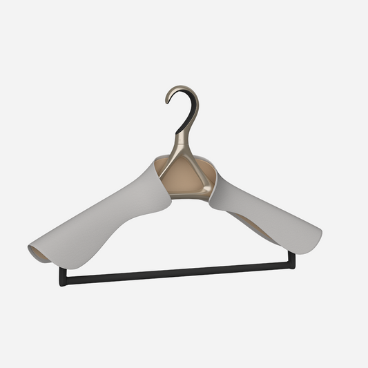 Image of Lou Hansell's H series luxury bridal hanger with trouser in Yellow Gold and Off-White.