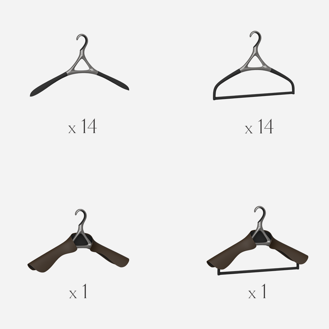 Lou Hansell H Series set of 30 luxury garment hangers in Gun Metal, offering a complete wardrobe preservation system of base, trouser, jacket, and jacket-and-trouser hangers.