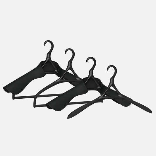 Image of Lou Hansell's H series luxury hangers set, featuring 4 different premium clothes hangers, in Matte Black and Onyx.