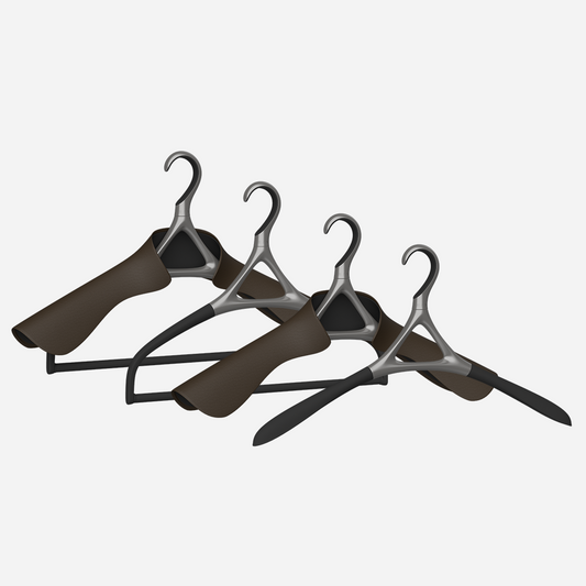 Image of Lou Hansell's H series luxury hangers set, featuring 4 different premium clothes hangers, in Gun Metal and Moka.