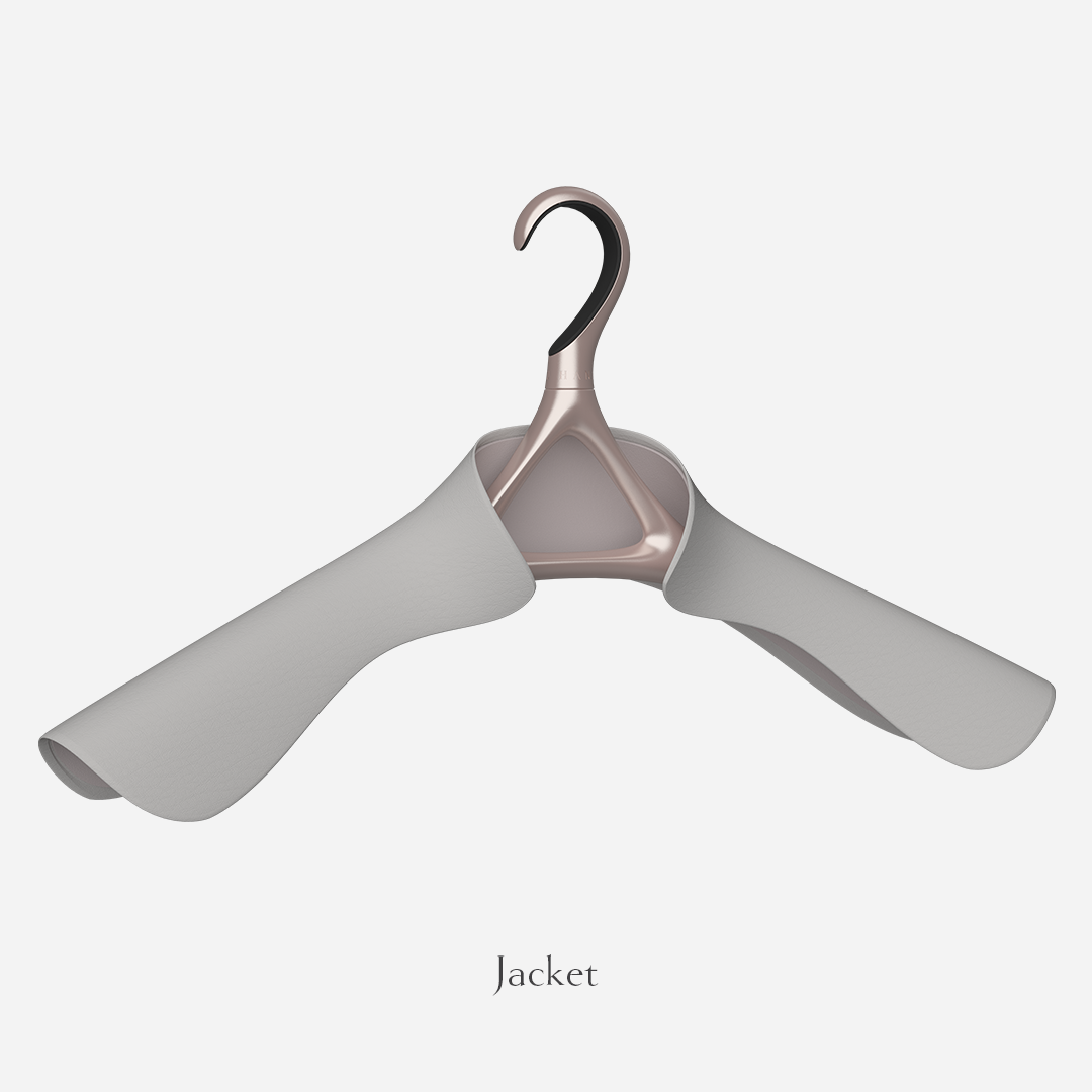 Image of Lou Hansell's H series luxury suit jacket hanger in Rose Gold and Off-White.