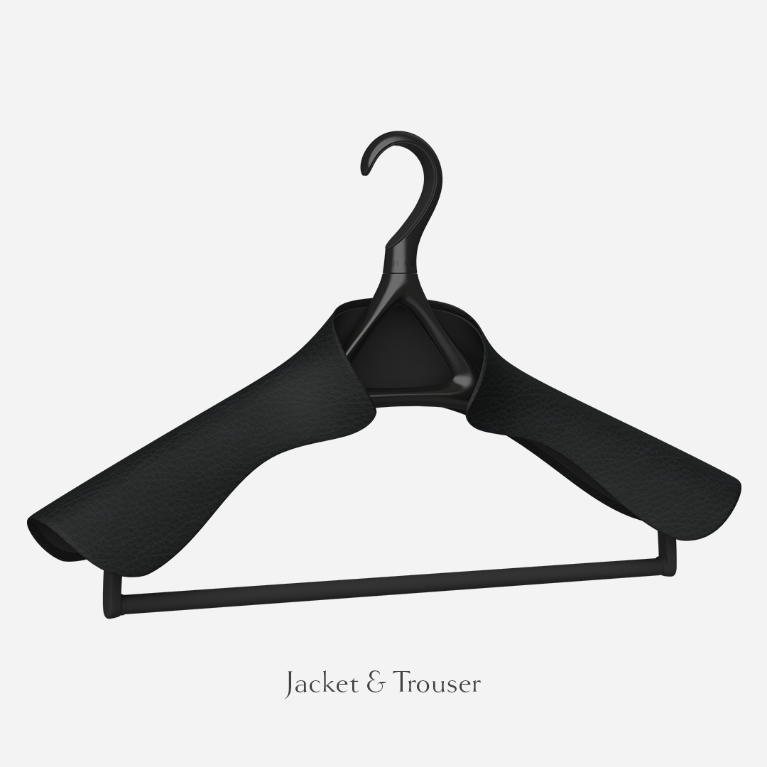 Image of Lou Hansell's H series luxury suit jacket hanger with trouser in Matte Black and Onyx.