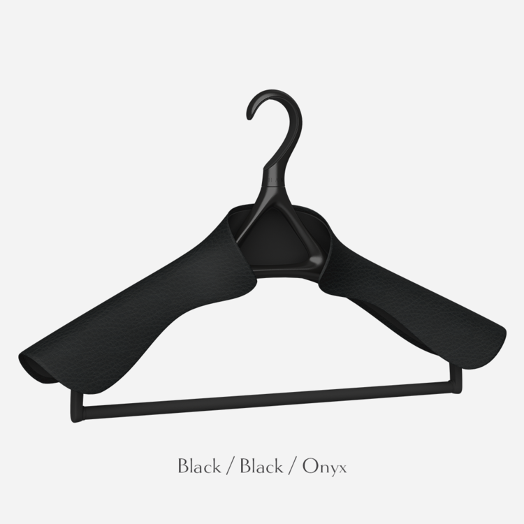 Image of Lou Hansell's H series suit jacket and trouser hanger in Onyx and Matte Black.