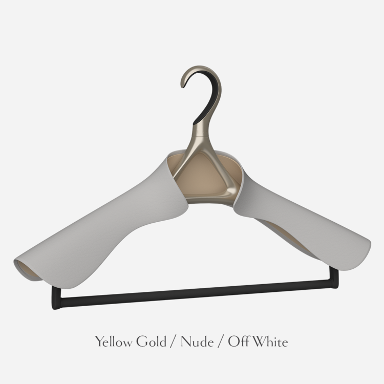 Lou Hansell H Series jacket and trousers hanger in yellow gold and nude with off white leather and a trouser bar