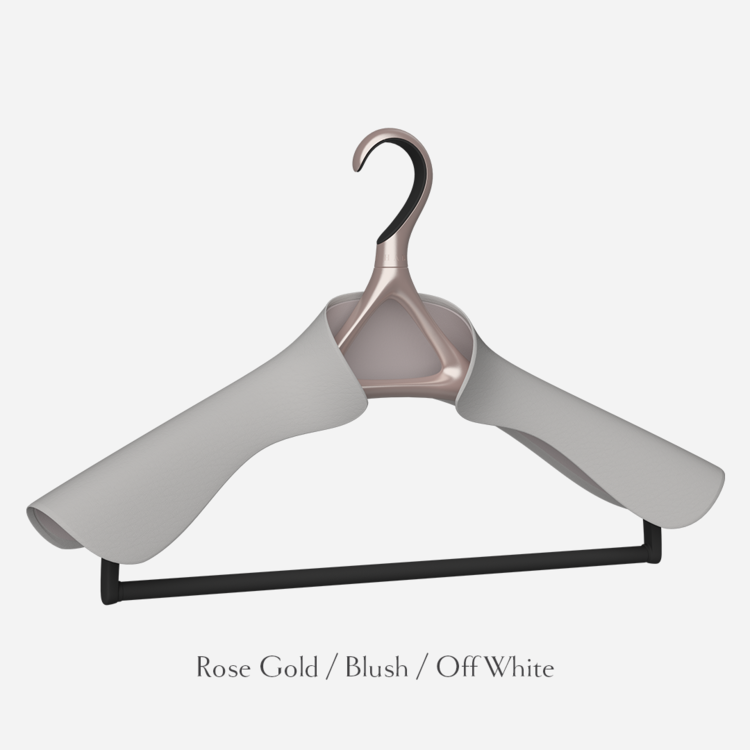 Lou Hansell luxury jacket and trousers hanger in rose gold and blush wrapped in off white leather with a trouser bar