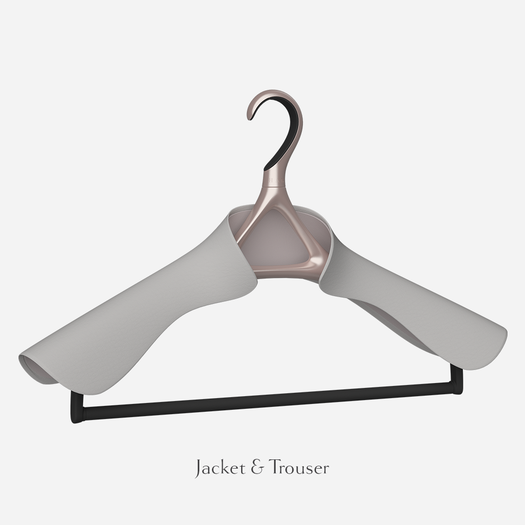 Image of Lou Hansell's H series luxury suit jacket hanger with trouser in Rose Gold and Off-White.