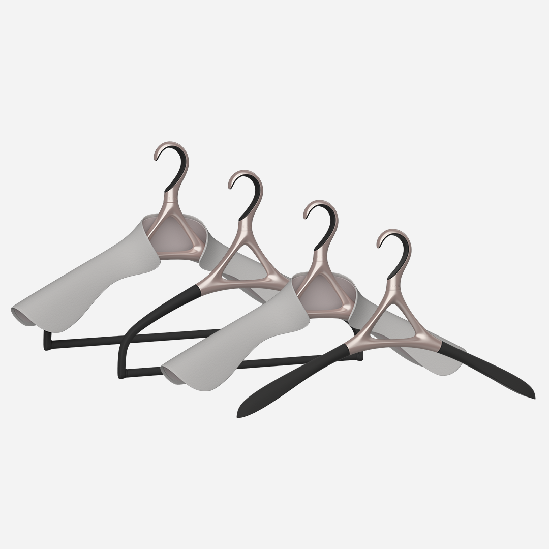 Image of Lou Hansell's H series luxury hangers set, featuring 4 different premium clothes hangers, in Rose Gold and Off-White.