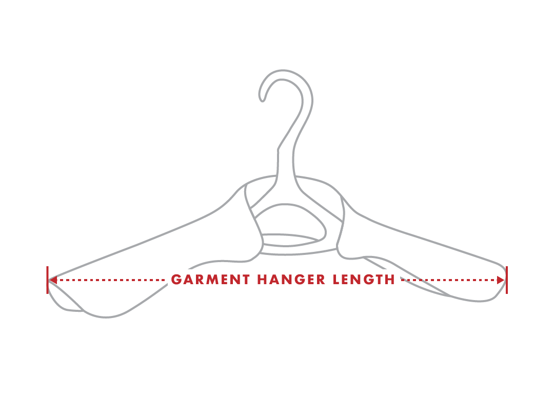 Diagram showing Lou Hansell luxury hanger length measurement for selecting the correct garment hanger size.