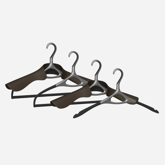 Image of Lou Hansell's L series luxury hangers set, featuring 4 different premium clothes hangers, in Gun Metal and Moka.