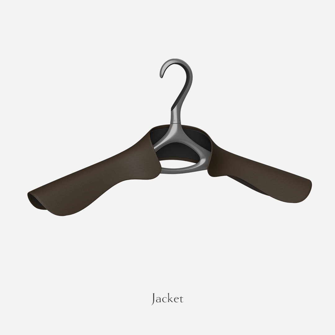 Image of Lou Hansell's L series luxury suit jacket hanger in Gun Metal and Moka.