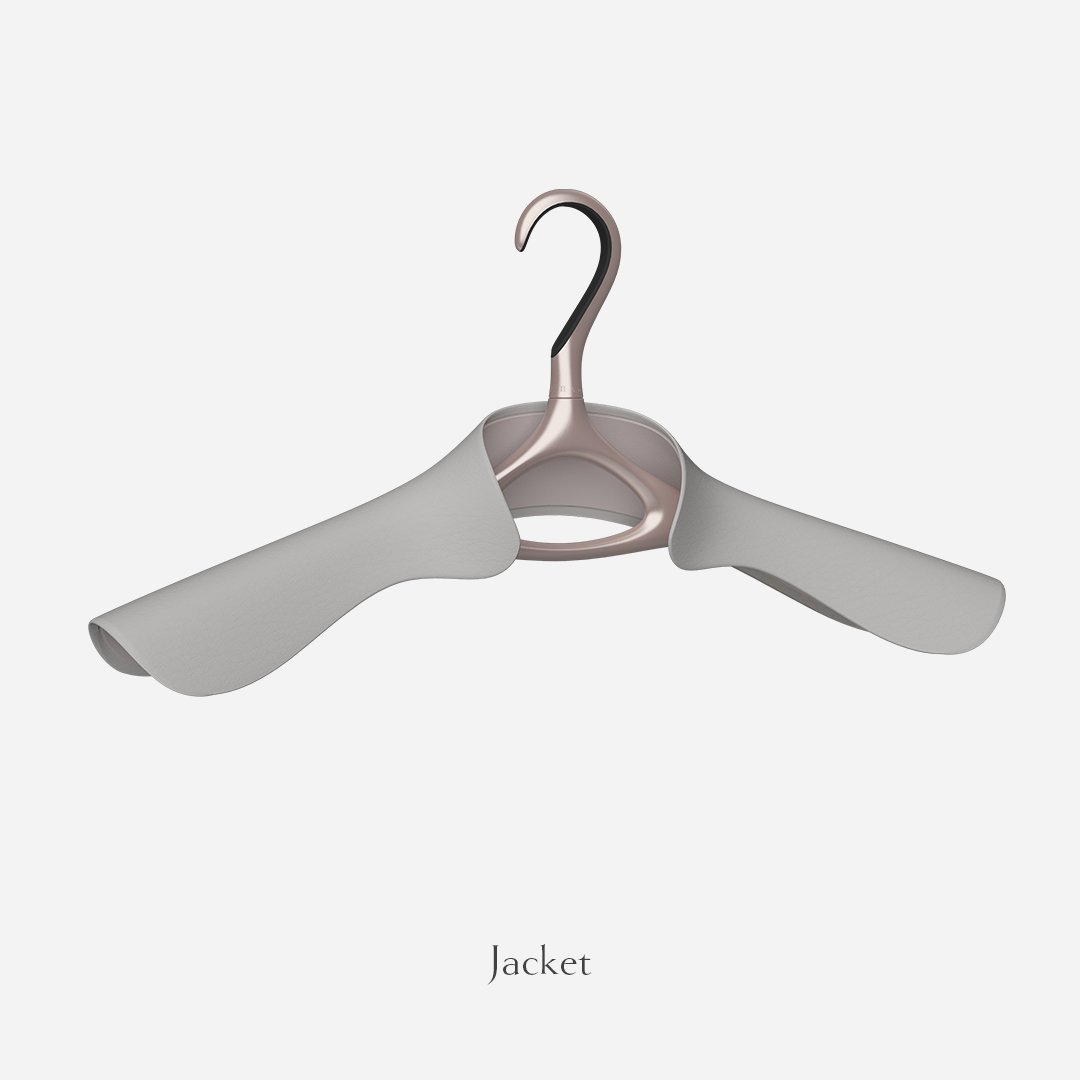 Image of Lou Hansell's L series luxury suit jacket hanger in Rose Gold and Off-White.