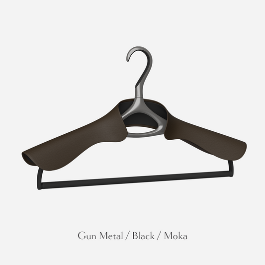 Image of Lou Hansell's L series luxury hanger for suit jackets and trousers in Gun Metal and Moka.