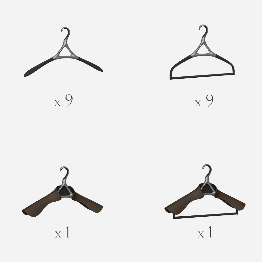 Lou Hansell H Series set of 10 luxury garment hangers in Gun Metal, featuring a complete wardrobe preservation system of base, trouser, jacket, and jacket-and-trouser hangers.