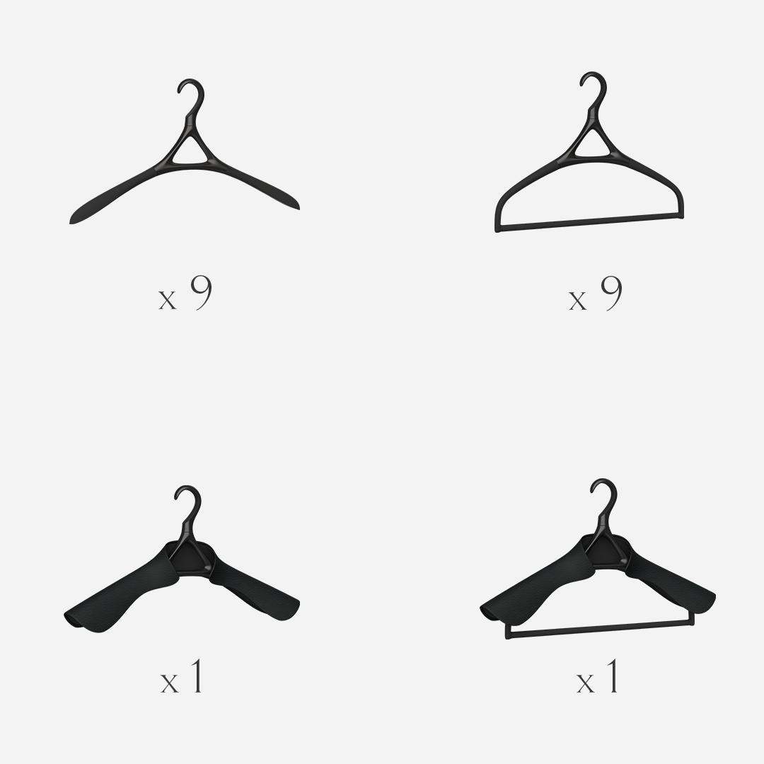 Lou Hansell H Series set of 20 luxury garment hangers in Matte Black, designed as a complete wardrobe preservation system with base, trouser, jacket, and jacket-and-trouser hangers.
