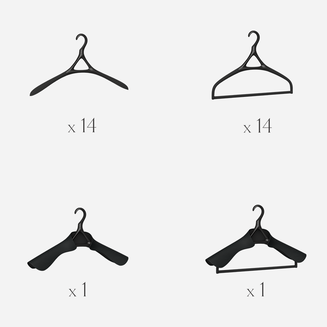 Lou Hansell H Series set of 30 luxury garment hangers in Matte Black, offering a complete wardrobe preservation system of base, trouser, jacket, and jacket-and-trouser hangers.