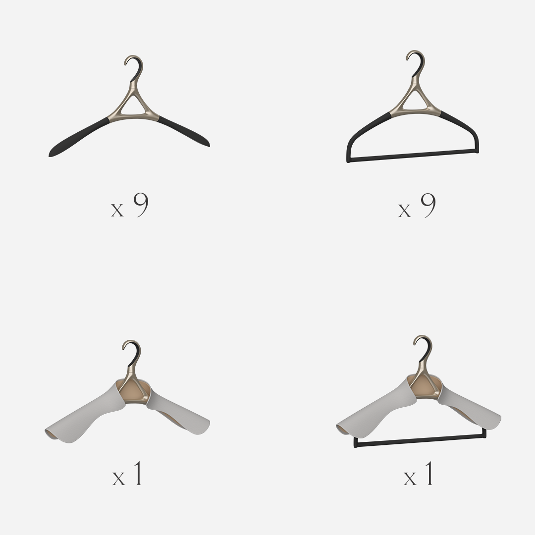 Lou Hansell H Series set of 20 luxury garment hangers in Yellow Gold, designed as a complete wardrobe preservation system with base, trouser, jacket, and jacket-and-trouser hangers.