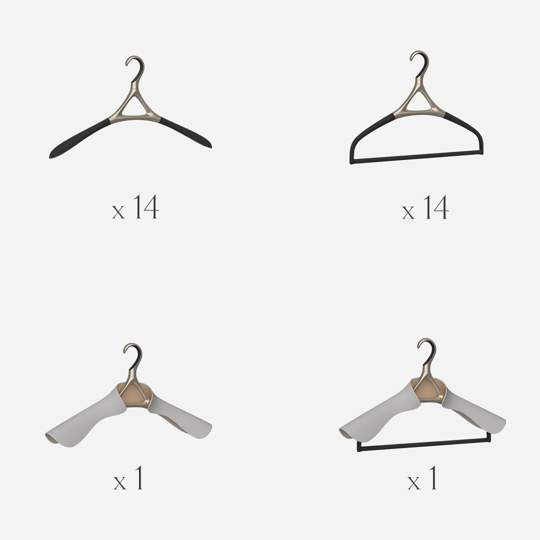 Lou Hansell H Series set of 30 luxury garment hangers in Yellow Gold, offering a complete wardrobe preservation system of base, trouser, jacket, and jacket-and-trouser hangers.