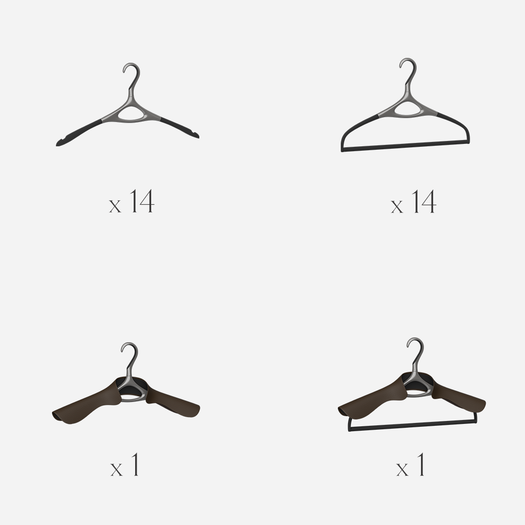 Lou Hansell L Series set of 30 luxury garment hangers in Gun Metal, offering a complete wardrobe preservation system of base, trouser, jacket, and jacket-and-trouser hangers for tailored garments.