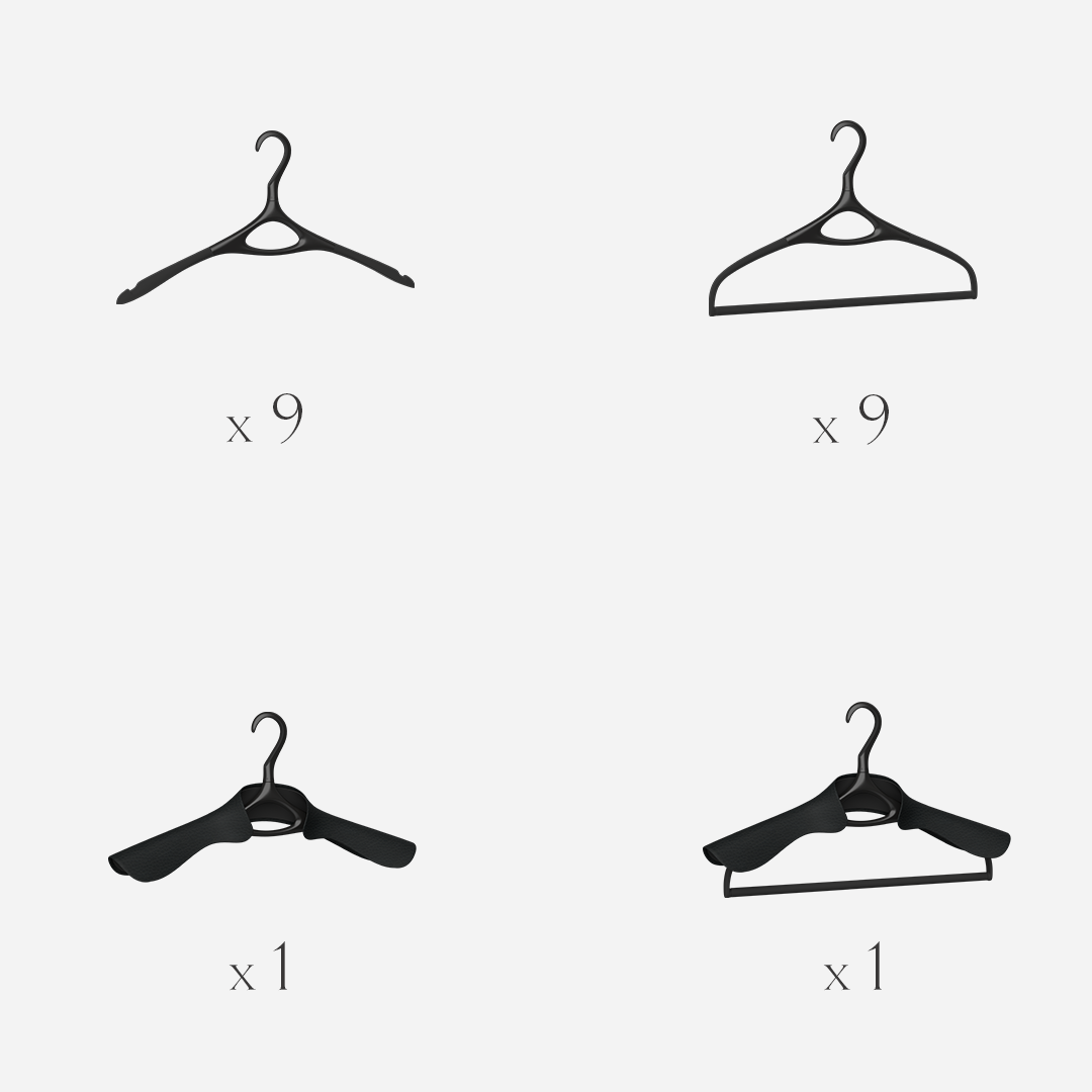 Lou Hansell L Series set of 20 luxury garment hangers in Matte Black, designed as a complete wardrobe preservation system with base, trouser, jacket, and jacket-and-trouser hangers for tailored garments.