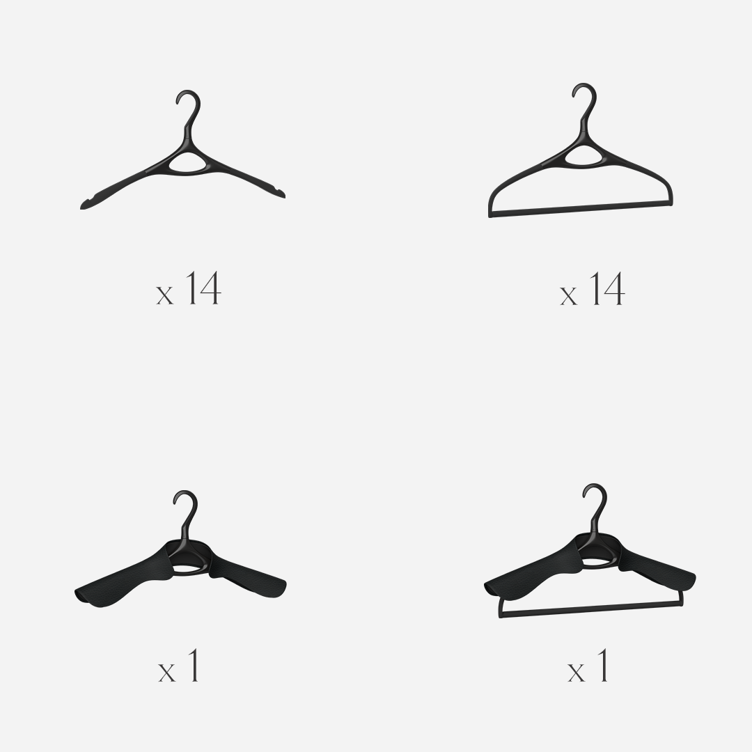 Lou Hansell L Series set of 30 luxury garment hangers in Matte Black, offering a complete wardrobe preservation system of base, trouser, jacket, and jacket-and-trouser hangers for tailored garments.