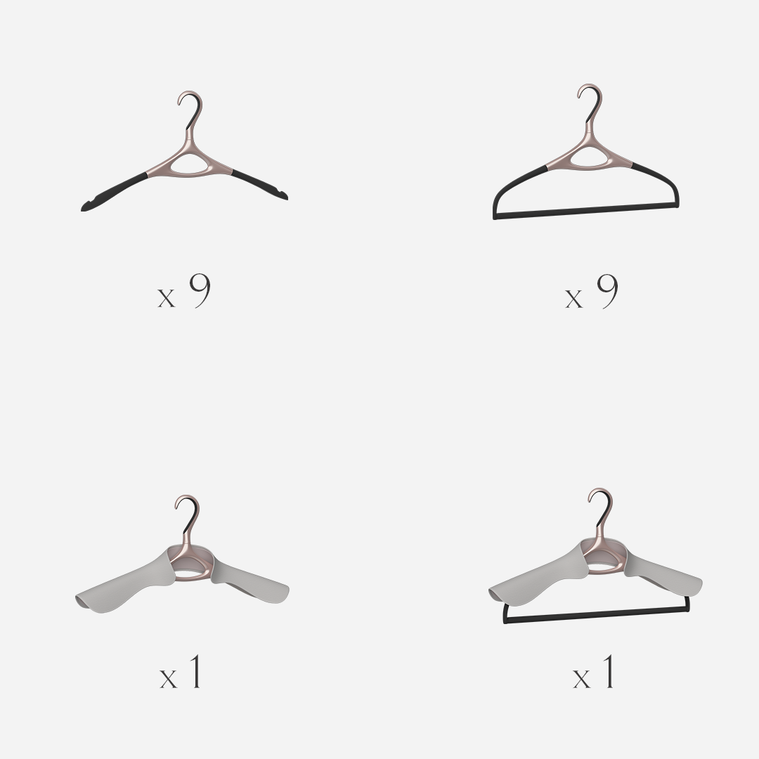 Lou Hansell L Series set of 20 luxury garment hangers in Rose Gold, designed as a complete wardrobe preservation system with base, trouser, jacket, and jacket-and-trouser hangers for tailored garments.