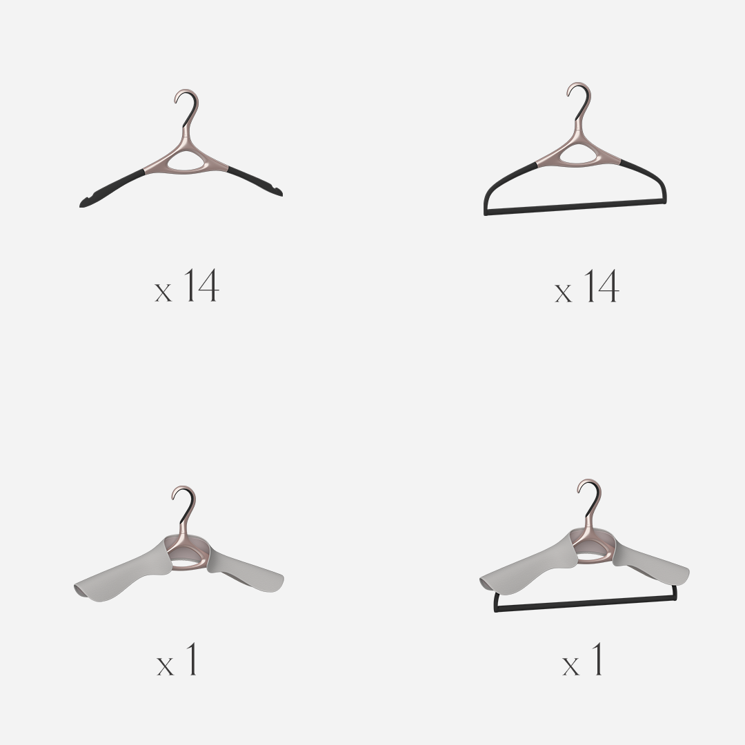Lou Hansell H Series set of 30 luxury garment hangers in Rose Gold, offering a complete wardrobe preservation system of base, trouser, jacket, and jacket-and-trouser hangers.