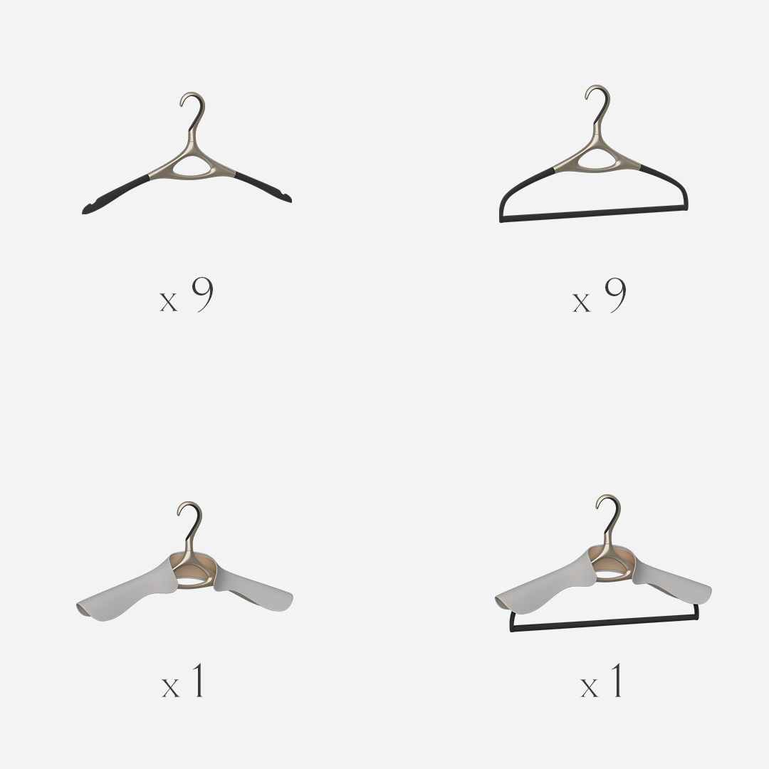 Lou Hansell L Series set of 20 luxury garment hangers in Yellow Gold, designed as a complete wardrobe preservation system with base, trouser, jacket, and jacket-and-trouser hangers for tailored garments.