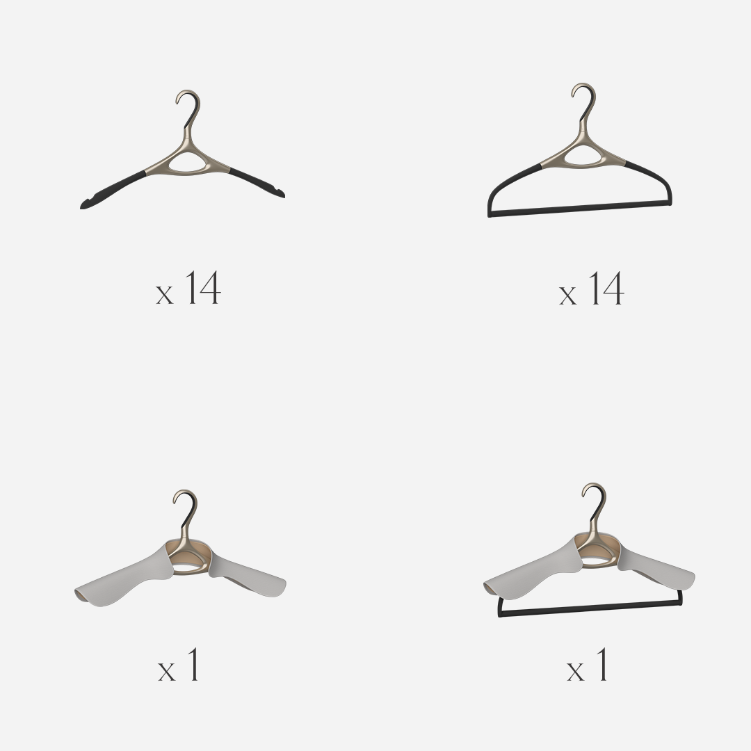 Lou Hansell L Series set of 30 luxury garment hangers in Yellow Gold, offering a complete wardrobe preservation system of base, trouser, jacket, and jacket-and-trouser hangers for tailored garments.