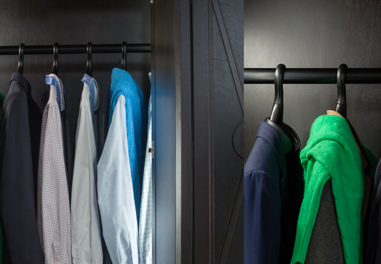 Side by side closet images with mens dress shirts, suit jackets, and a green sweater.