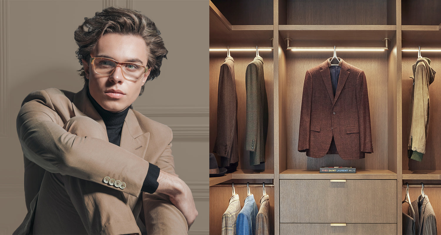 Composite photo showing a man in a suit and a closet full of suites on hangers