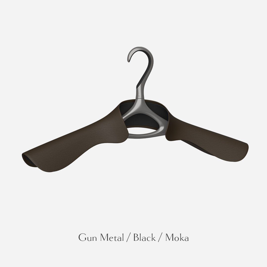 Lou Hansell L Series jacket hanger in gun metal and black wrapped in moka leather