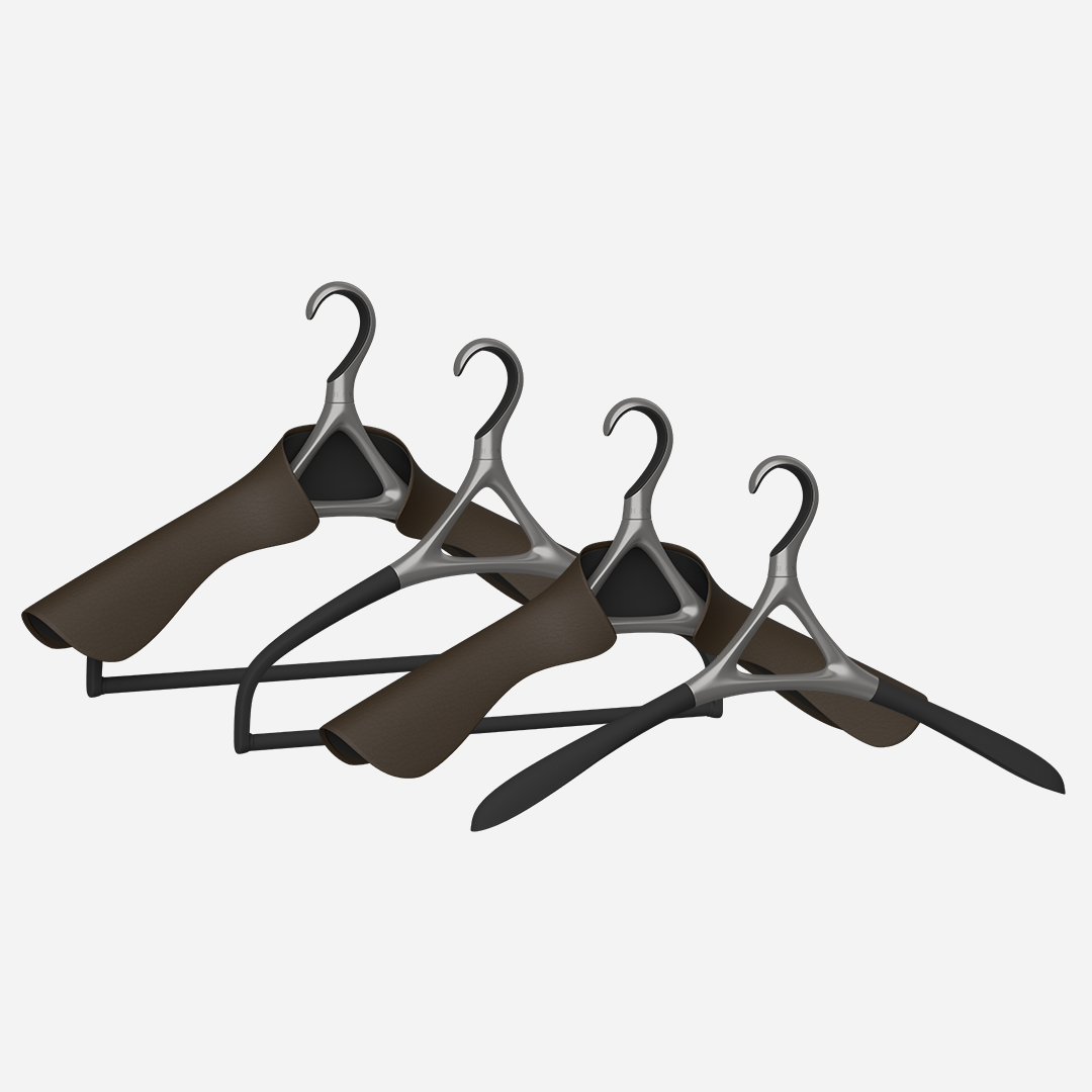 A set of four Lou Hansell luxury hangers in gun metal, including a base hanger, a jacket hanger, a trousers hanger, and a jacket and trousers hanger, 