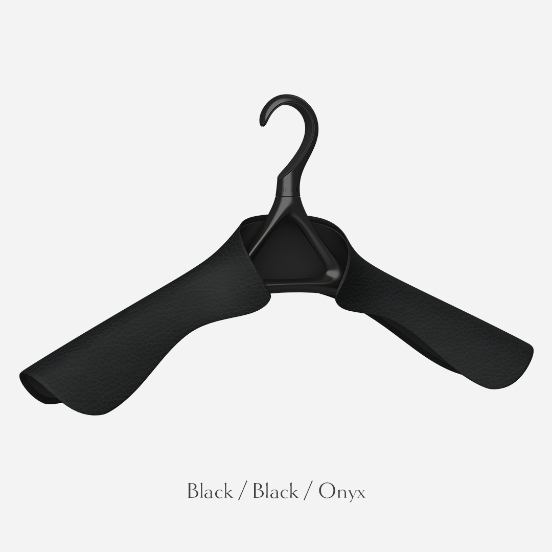 Lou Hansell H Series jacket hanger in black wrapped in onyx leather