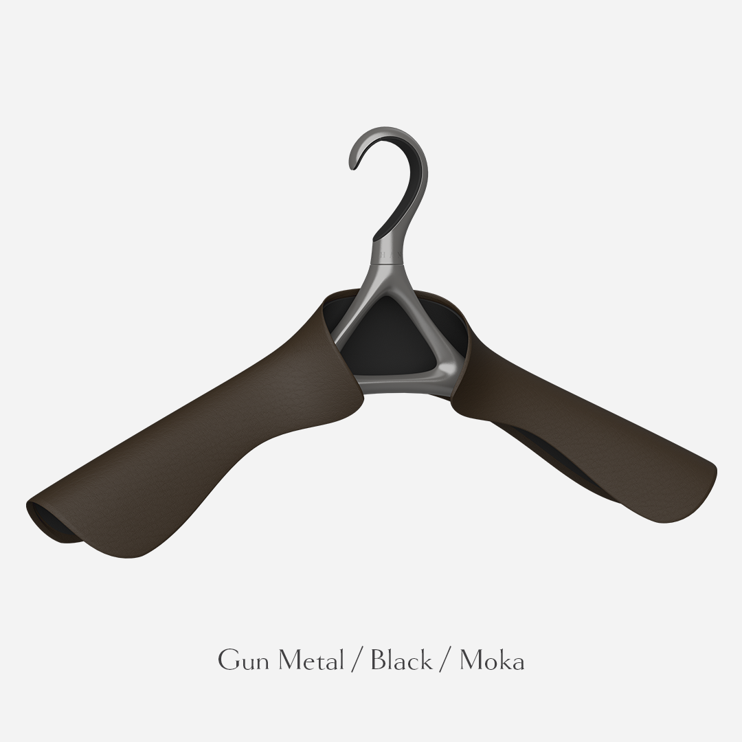 Lou Hansell H Series jacket hanger in gun metal and black wrapped in moka leather