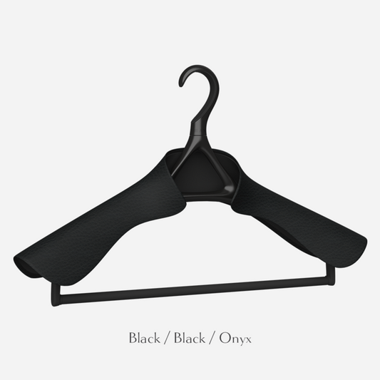 A Lou Hansell H Series jacket and trouser hanger in black with onyx leather