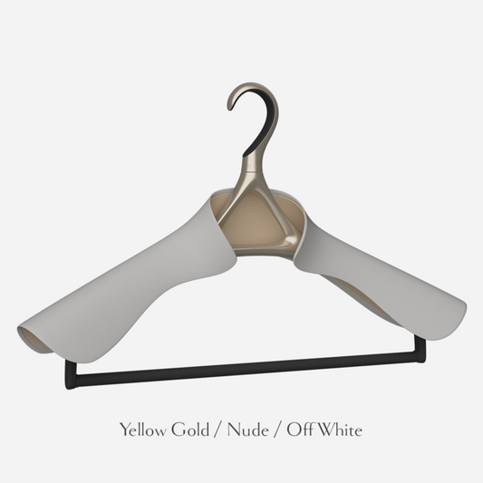 Lou Hansell H Series acket and trousers hanger in yellow gold and nude with off white leather