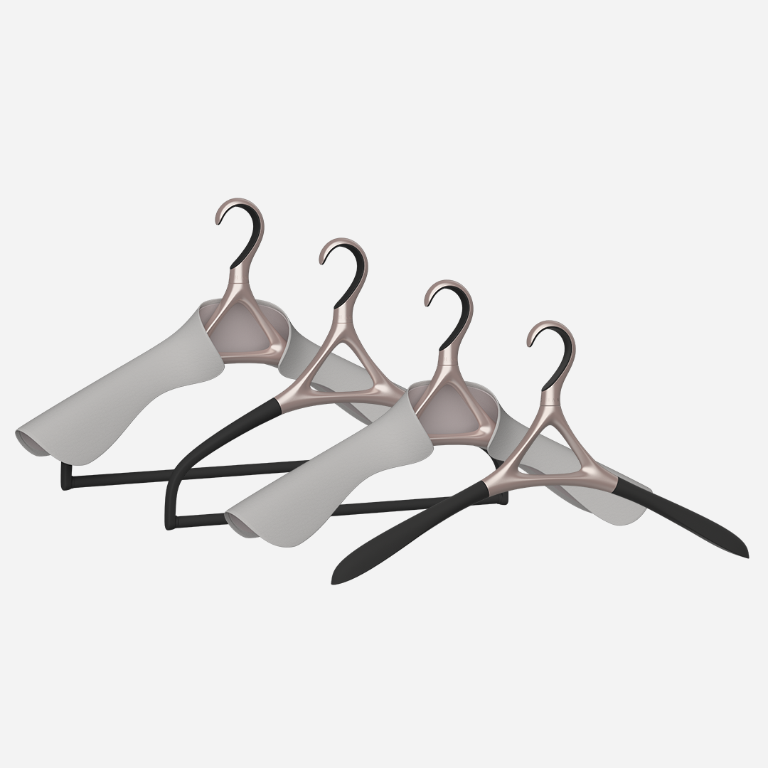 A set of four Lou Hansell H Series luxury hangers in rose gold, including a base hanger, a jacket hanger, a trousers hanger, and a jacket and trousers hanger, 