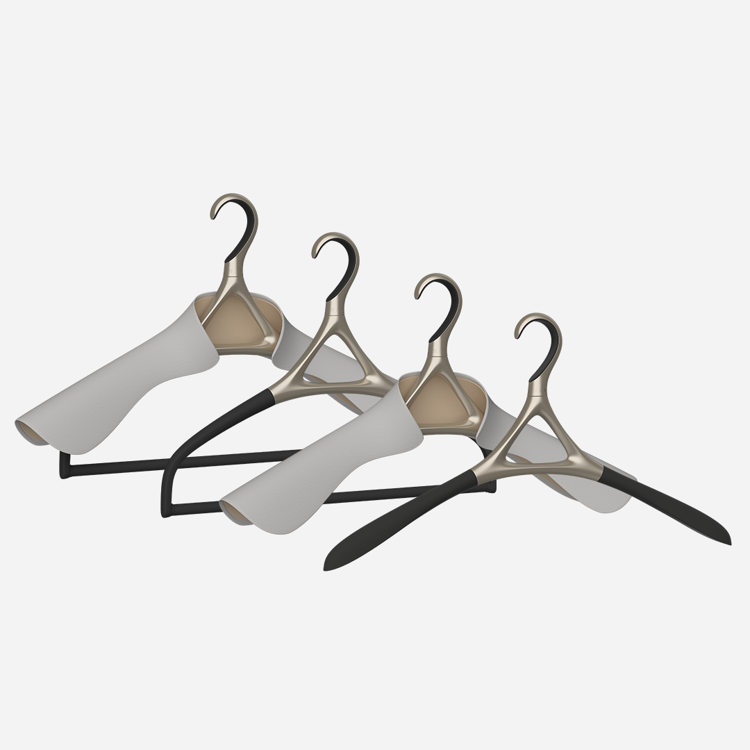 A set of four Lou Hansell H Series luxury hangers in yellow gold, including a base hanger, a jacket hanger, a trousers hanger, and a jacket and trousers hanger, 