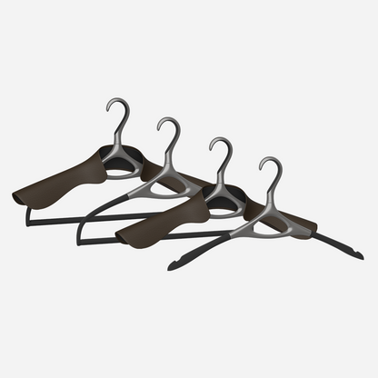 A set of four Lou Hansell L series luxury hangers in gun metal, including a base hanger, a jacket hanger, a trousers hanger, and a jacket and trousers hanger, 