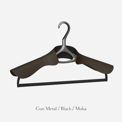 Lou Hansell L Series jacket and trousers hanger in gun metal and black with moka leather