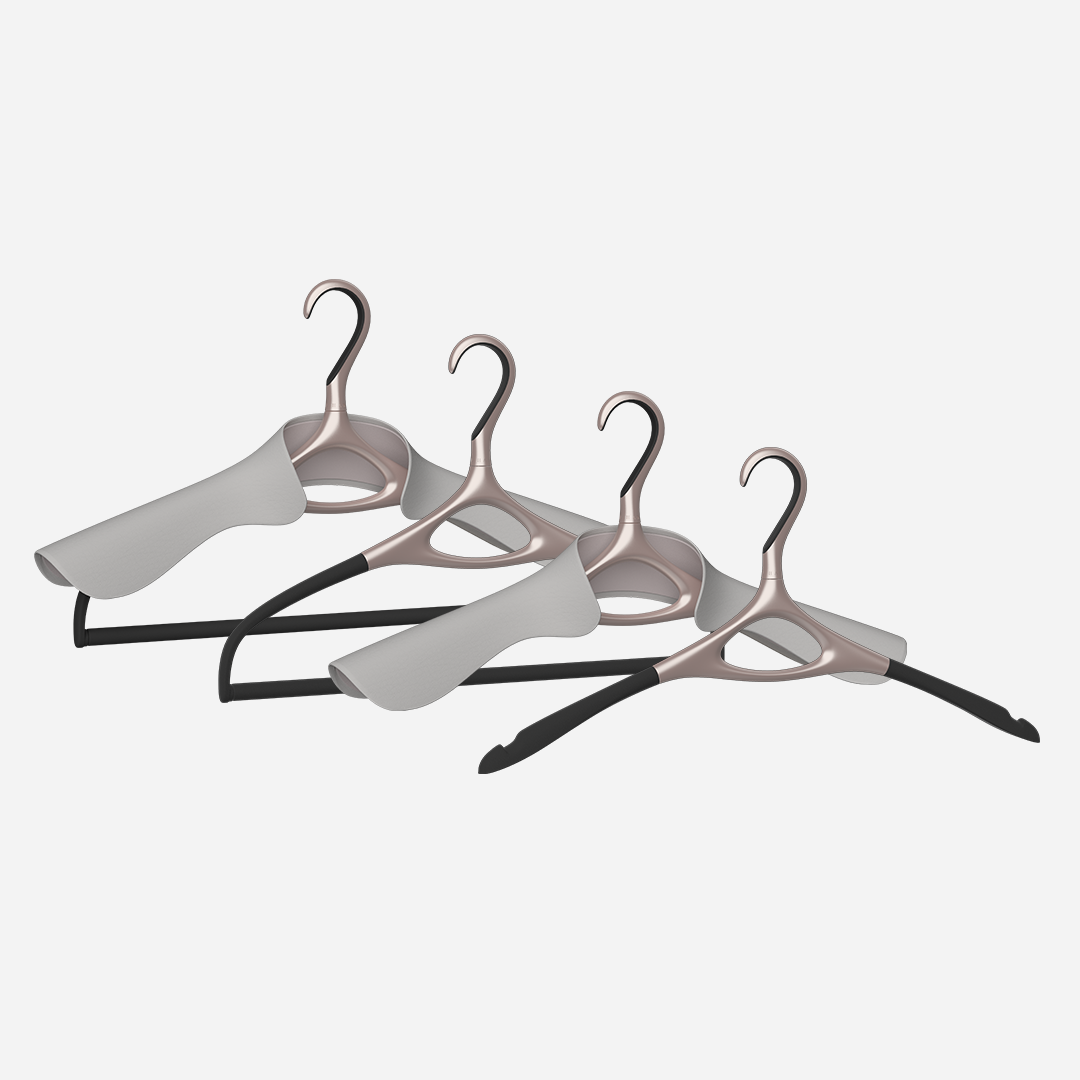 A set of four Lou Hansell L Series luxury hangers in rose gold, including a base hanger, a jacket hanger, a trousers hanger, and a jacket and trousers hanger, 